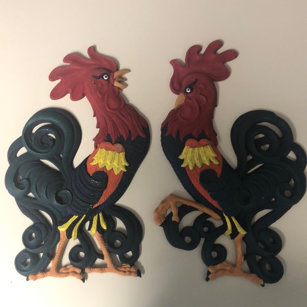 Vintage Mid Century Cast Metal Roosters Wall Art — 14"